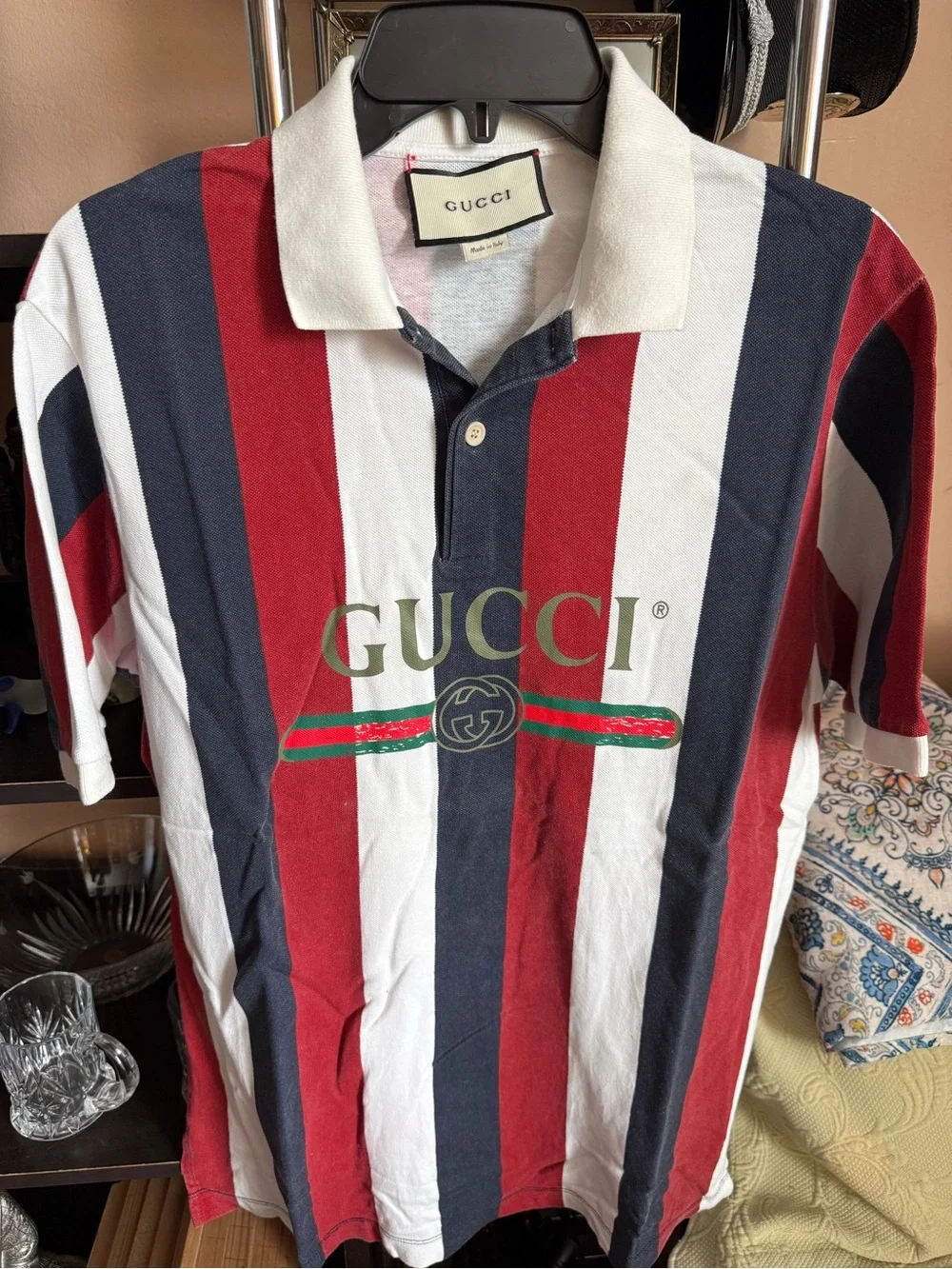 Gucci Striped Polo in Red, Navy & White with Logo